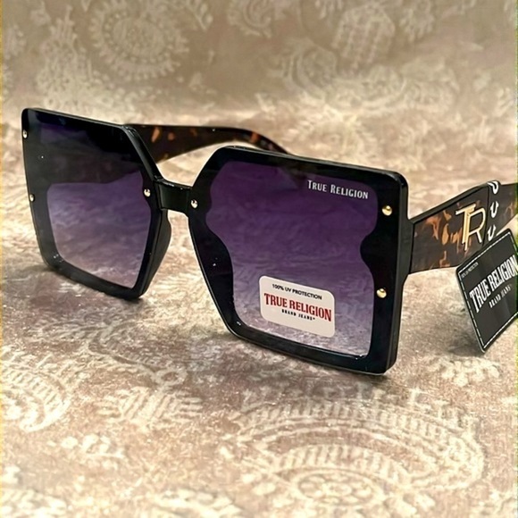 Brand New True Religion Oversized Square Sunglasses Tortoise Purple Lens - Picture 2 of 15